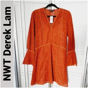🤍NEW! Derek Lam burnt orange knee-length laser cut bell sleeves Dress Sz 4